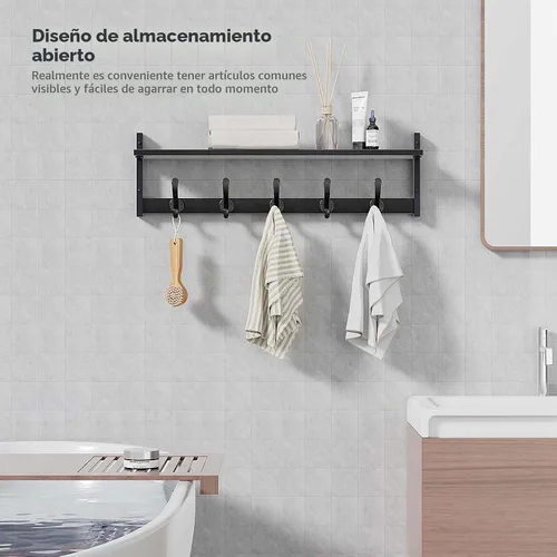 Vista 6 de Tatub Perchero rústico de 29 pulgadas con estante, ganchos de pared de entrada con estante, perchas para baño, sala de estar, dormitorio, negro