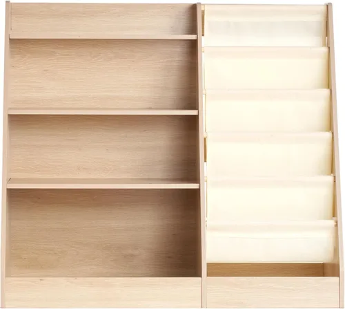 Vista 9 de VEVOR Estantería de madera para niños de 4 niveles, organizador de almacenamiento de juguetes para niños pequeños, estante de libros