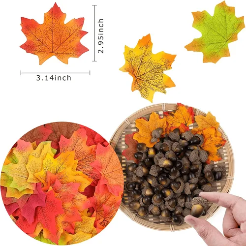 Vista 2 de Juego de 200 piezas de hojas de arce artificiales artificiales de bellota natural, minicono de pino, decoración de mesa de otoño, bellotas