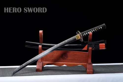 Vista 7 de Wakizashi - Espada samurái de acero templado plegado, auténtica, japonesa pura, manual, avanzada, piel de rayos, color rojo y negro, 31 pulgadas