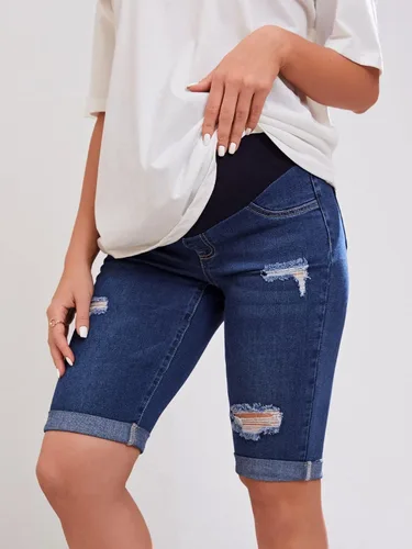 Vista 5 de Floerns Pantalones cortos de mezclilla de maternidad con dobladillo enrollable para mujer
