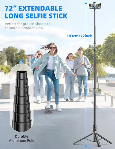 Vista 2 de Trípode selfie stick para teléfono celular de 72 pulgadas, palo selfie de aluminio todo en 1 con control remoto integrado, soporte de trípode