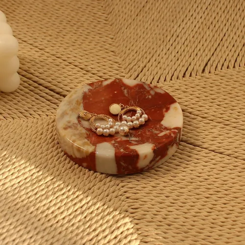 Vista 2 de Jabonera de mármol rojo Calacatta natural, plato redondo para joyas, soporte de esponja para baño, cocina