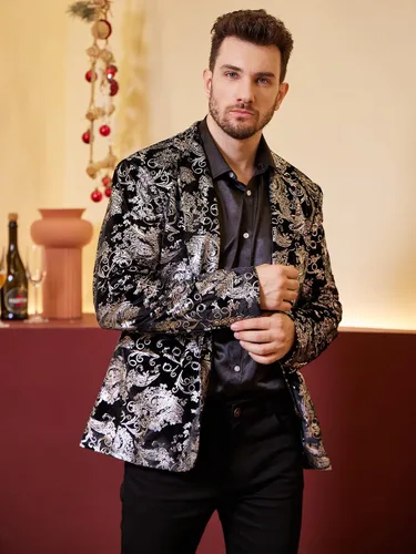 Vista 4 de WULFUL Chaqueta de traje floral para hombre, ajustado, elegante, para cena, fiesta, graduación, boda, esmoquin