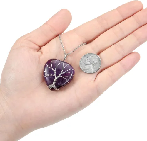 Vista 5 de Top Plaza - Collar de cuarzo rosa natural curativo con árbol de la vida envuelto en alambre de plata con forma de corazón colgante para mujeres