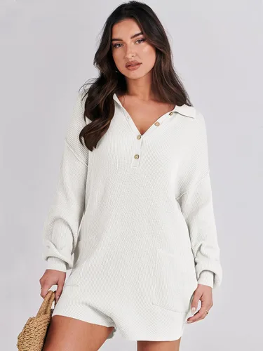 Vista 9 de ANRABESS Enterizo de suéter para mujer, trajes de otoño 2023, a la moda, largo, Henley, cuello en V, overol de punto para descansar