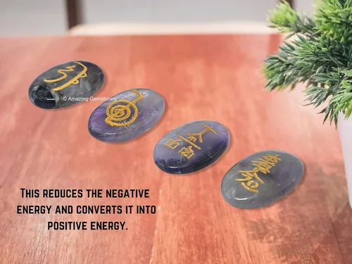 Vista 5 de Amazing Gemstone Piedras de Reiki de cristal de amatista con símbolos grabados para curación Usui Reiki, juego de 4 piezas