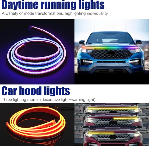 Vista 2 de DREAMOTOR Tira de luz para capó de automóvil de 60 pulgadas, luz LED dinámica para exterior blanca, flexible e impermeable, tira de luz diurna