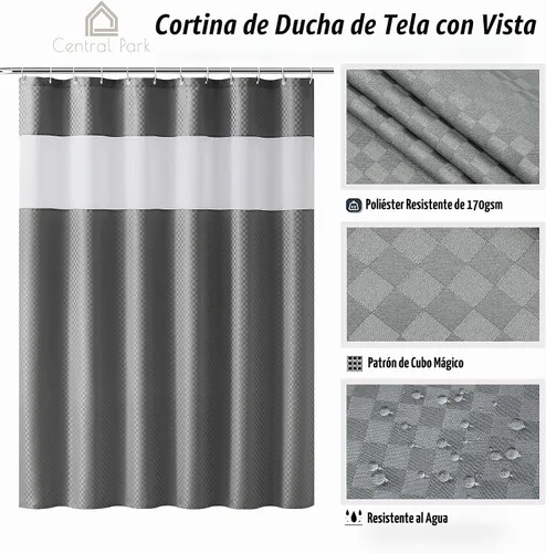 Vista 5 de Juego de curatina de ducha de tela de cubo mágico gris con ganchos, 70 x 72 Costuras grises