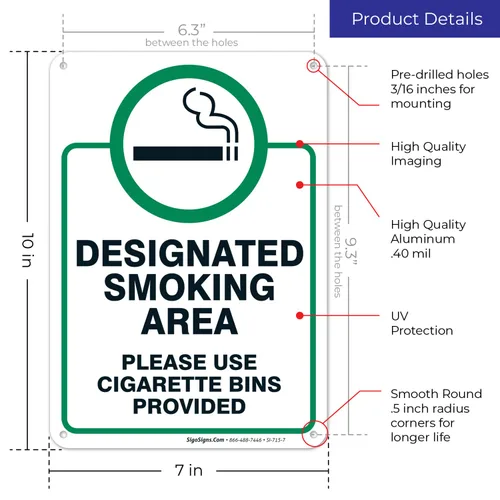 Vista 3 de Letrero designado para zona de fumar, letrero con texto en inglés "Please Use Cigarrette Bins Sign", 10 x 7 pulgadas, libre de óxido, aluminio 040