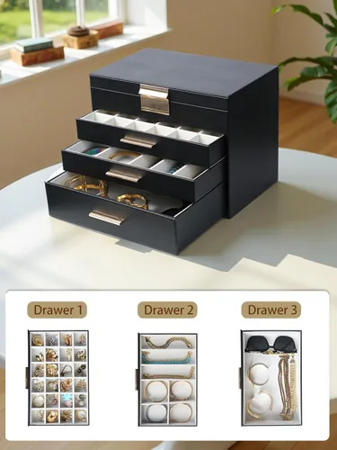 Vista 3 de BOOVO Joyeros para mujer, organizador de joyas de 5 capas con colgador de collar y cajones, caja de joyería grande para aretes, collares y pulseras