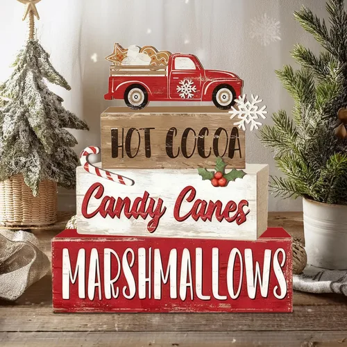 Vista 7 de 4 piezas de decoraciones navideñas para interiores - Decoración de mesa de camión de madera para el hogar - Centro de mesa navideño para la mesa