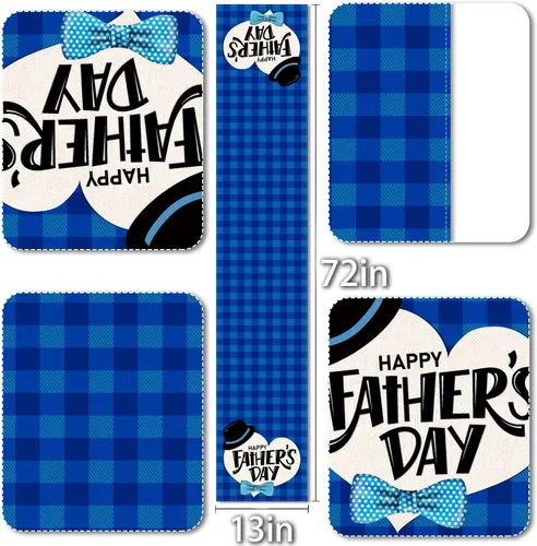 Vista 2 de Vohado Camino de mesa para el día del padre, diseño de búfalo azul a cuadros Best Dad Ever para interiores y exteriores, decoración de fiesta