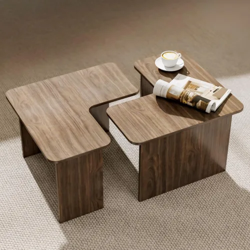 Vista 8 de Juego de 2 mesas de centro anidables modernas, de madera natural, en forma de L, para sala de estar, mesa auxiliar pequeña con mesa central ligera
