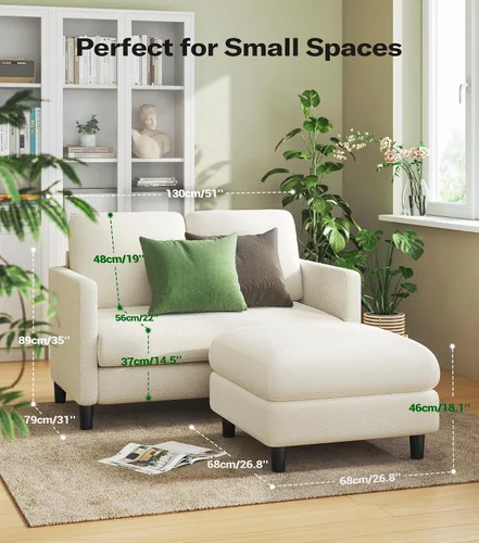 Vista 2 de Welzona Loveseat, 51" Small L Shaped Couch, Comfy Teddy Love Seat with Ottoman Set, Tool-Free Setup Loveseat Sofa with Ottoman, All-Wood Small Sofa