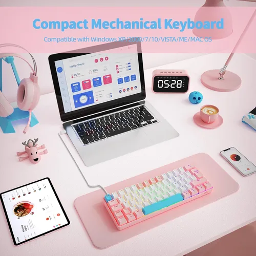 Vista 7 de ZIYOU LANG Teclado mecánico T60 con cable 60% TKL para juegos con retroiluminación LED arco iris ultra compacto NKRO Interruptor táctil azul clicky