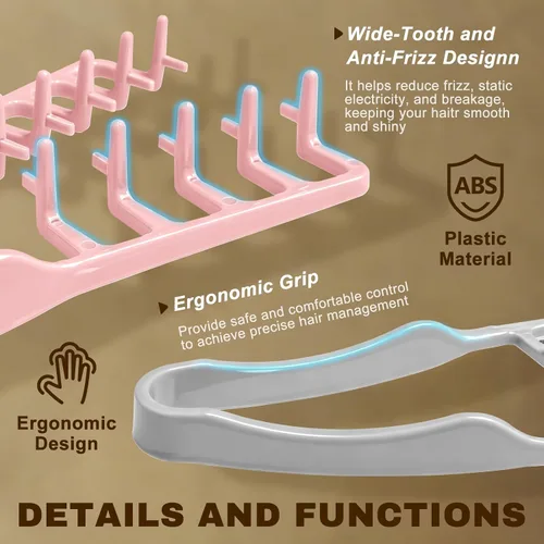 Vista 4 de Peine de textura – 2 piezas de peine de pelo de dientes anchos para hombres y mujeres (gris+rosa)