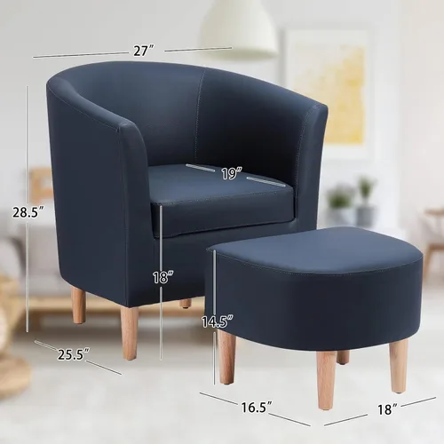 Vista 2 de DAZONE - Silla decorativa de piel con sillón otomano de imitación de barril azul marino