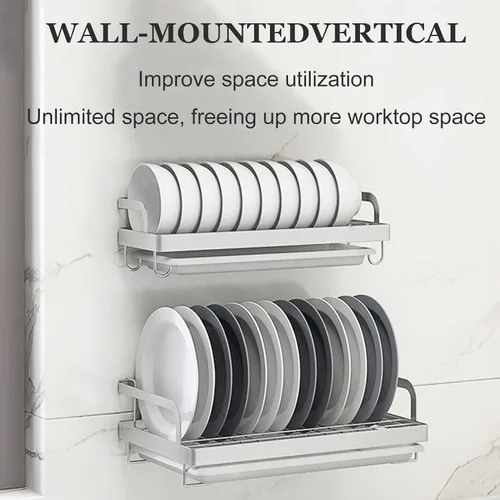 Vista 6 de Escurridor de platos de acero inoxidable, organizador de utensilios de cocina, estante de suministros de cocina montado en la pared, soporte