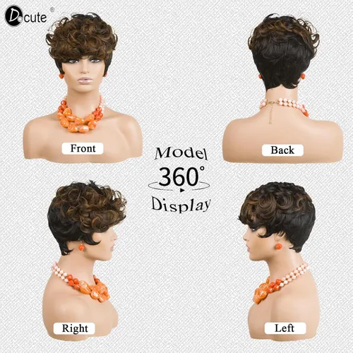 Vista 4 de DOcute Pelucas cortas de corte Pixie para mujeres negras, peluca Pixie negra y marrón, pelucas cortas rizadas con flequillo, peluca corta