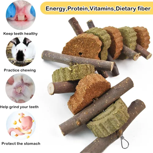 Vista 6 de Juguete masticable de conejo, juguetes masticables de conejo para rechinar los dientes, ramas de manzana naturales con pastel de heno y hierba que
