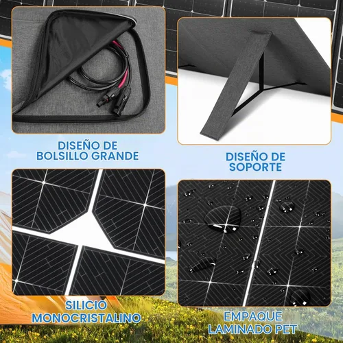Vista 4 de Kit de panel solar plegable portátil de 200 W, cargador solar flexible de alta eficiencia con tasa de conversión del 24%, con soporte y controlador