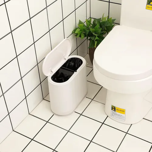 Vista 3 de KLGO Cubo de basura de plástico delgado de 2.4 galones, contenedor de basura rectangular de doble barril de 10 litros para baño, dormitorio, cocina