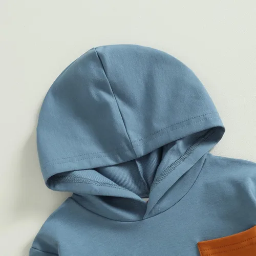 Vista 5 de Ropa de otoño e invierno para bebé niño, con capucha, de manga larga, a rayas, pantalones elásticos para recién nacidos azul (Patchwork Blue)