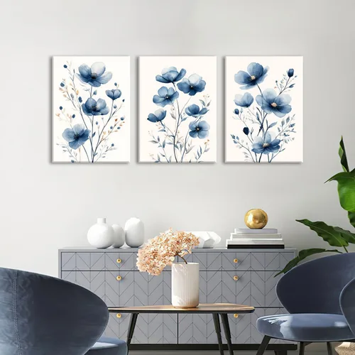 Vista 2 de okudolit Lienzo con flores silvestres azul marino enmarcado Arte de pared de lienzo Set de 3 Flores Imágenes Impresiones Impresión de flores