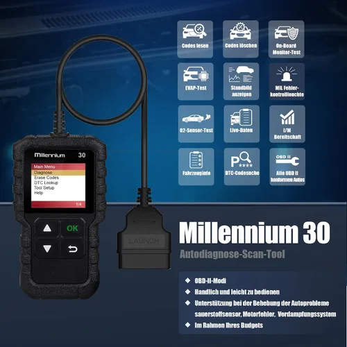 Vista 2 de LAUNCH Millennium 30 OBD2 escáner, lector de código de coche con funciones OBD2 completas, herramienta de diagnóstico de coche de luz