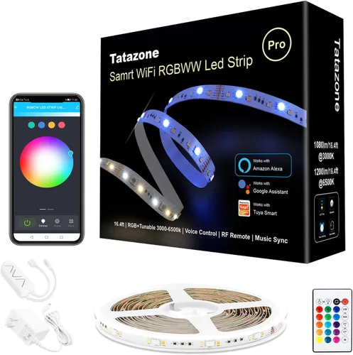 Vista 10 de Tatazone Tiras de luces LED RGBWW con Bluetooth, 5 metros de tiras de luz LED ajustables de blanco 3000K a 6500K + RGB, tiras de luces LED