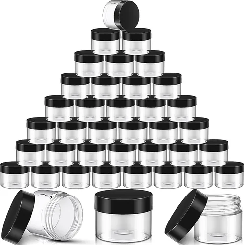 Vista 12 de 36 tarros de plástico redondos transparentes a prueba de fugas para cosméticos con forro interior y tapas negras para lociones, ungüentos Negro
