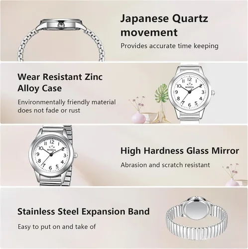 Vista 3 de BOSHIYA Reloj analógico de banda elástica para mujer, fácil de leer, números romanos, esfera de expansión de acero inoxidable, reloj de pulsera