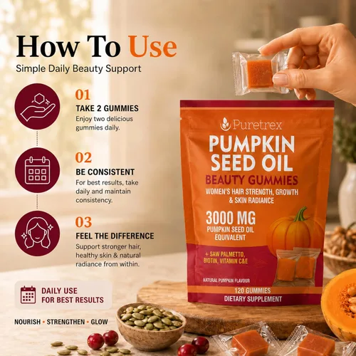 Vista 5 de Gomitas de belleza de aceite de semilla de calabaza 3000mg, palma enana americana, biotina 2500mcg, E