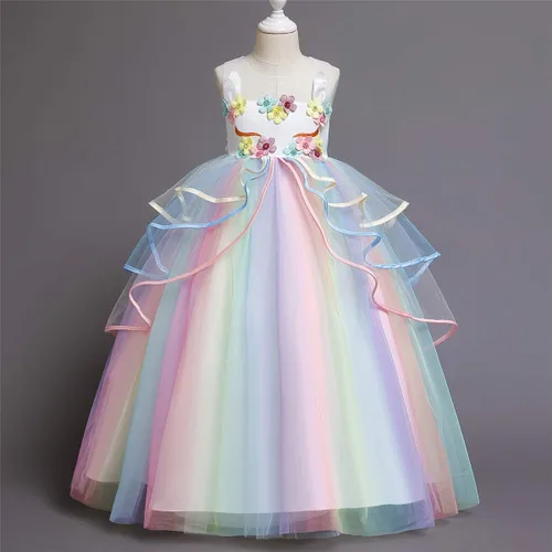 Vista 4 de Vestido de princesa de unicornio para niña vestido largo de tul arco iris ropa de cumpleaños para niños Arco iris