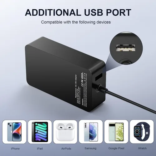 Vista 3 de 65W Microsoft Surface Charger Pro/Laptop/Book/Go Replacement AC Adapter Fits Surface Pro1-11, Laptop1-7, Book1-3, Go1-3, 65W works with 44W/36W