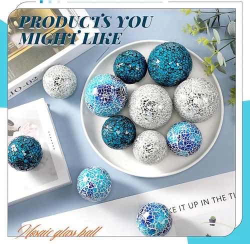 Vista 3 de Umigy Juego de 18 bolas decorativas de orbes de mosaico, centro de mesa de 3.2/2.4 pulgadas, bolas de esfera de vidrio de espejo, bola sólida