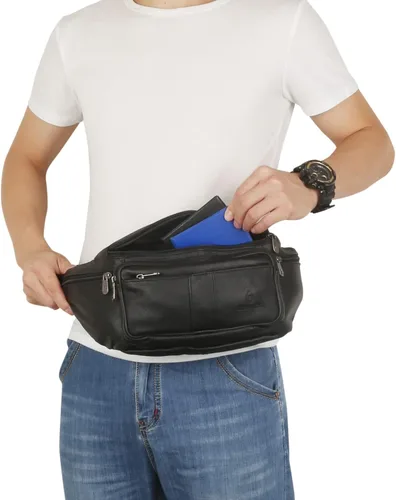 Vista 4 de Riñonera de cuero auténtico, riñonera con cinturón ajustable, múltiples bolsillos para hombres y mujeres