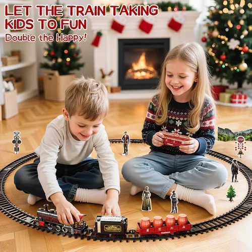 Vista 2 de Conjunto de Tren para Niños Pequeños de 2-4 años, Trenes Eléctricos con Vía, Humo, Luz, Sonido y Escena, Conjuntos de Tren de Navidad para Alrededor