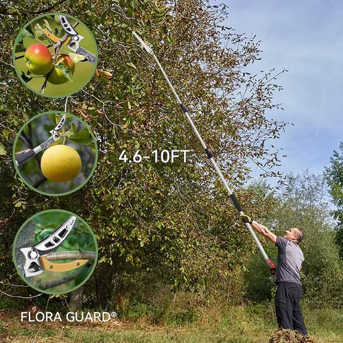 Vista 5 de FLORA GUARD Podadora de Árboles Extensible de 4.6-10 pies, Podadora de Corte y Sujeción – Sierra de Poste de Largo Alcance, Recolector de Frutas