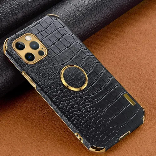 Vista 2 de Guppy Compatible con iPhone 15 Pro Max - Funda protectora de piel de cocodrilo de lujo, borde dorado, rotación de 360 grados para mujer, funda