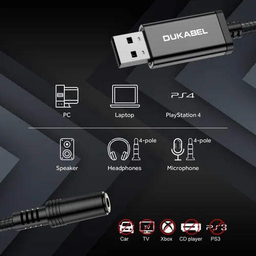 Vista 2 de Adaptador de auriculares USB, tarjeta de sonido externa DUKABEL para PC
