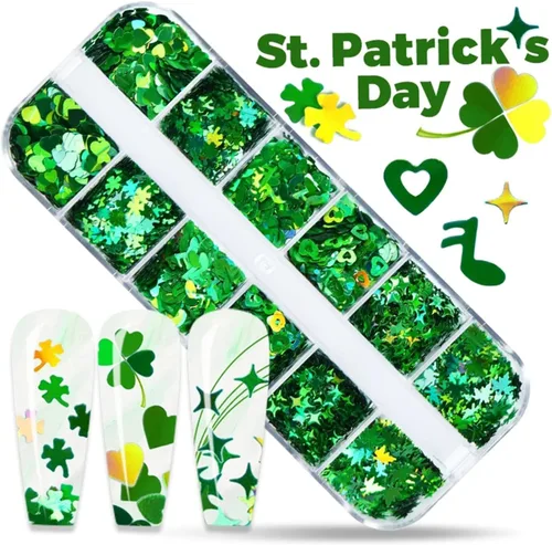 Vista 2 de 12 rejillas para el Día de San Patricio para uñas con purpurina y lentejuelas holográficas 3D trébol verde trébol para uñas con purpurina de corazón