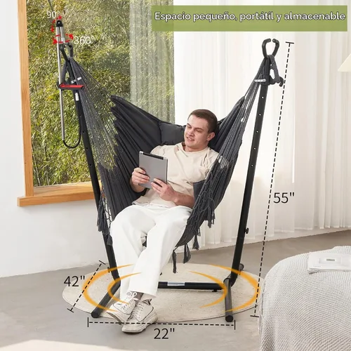Vista 3 de Hamaca con soporte y soporte para teléfono incluido Silla colgante doble de macramé estilo boho hecha a mano, columpio ajustable para interiores