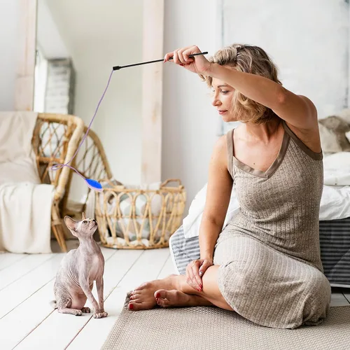 Vista 2 de simarro 3 piezas de juguetes de varita de plumas para gatos, juguete interactivo para gatos de interior y adultos, juguetes coloridos para gatos