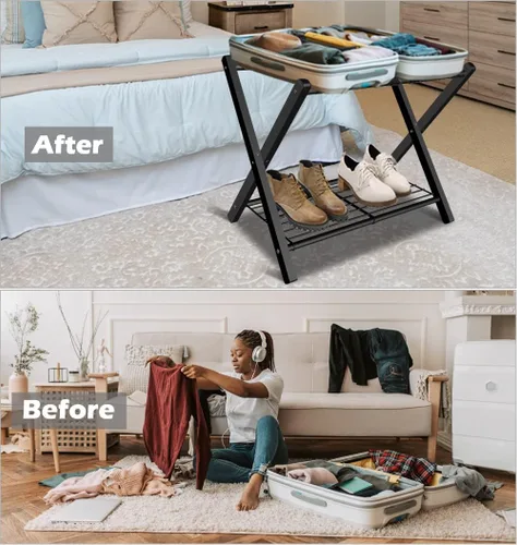 Vista 2 de Portaequipajes plegable para habitación de invitados, soporte plegable de metal para maleta con estante de metal para dormitorio, negro, paquete de 1