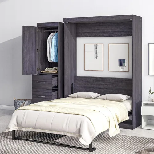 Vista 18 de Baúl móvil Murphy de tamaño Queen con módulo USB integrado de doble alimentación/USB, armario moderno y tradicional de madera maciza con cajón Gris-A