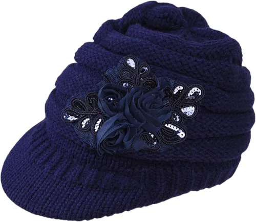 Vista 48 de C-US - Gorro de punto cálido para mujer, con visera de ganchillo con acento de flores