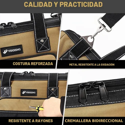 Vista 6 de Bolsa de herramientas portátil de 17 pulgadas para hombres, resistente, bolsa organizadora para herramientas y taladro, de boca ancha, impermeable