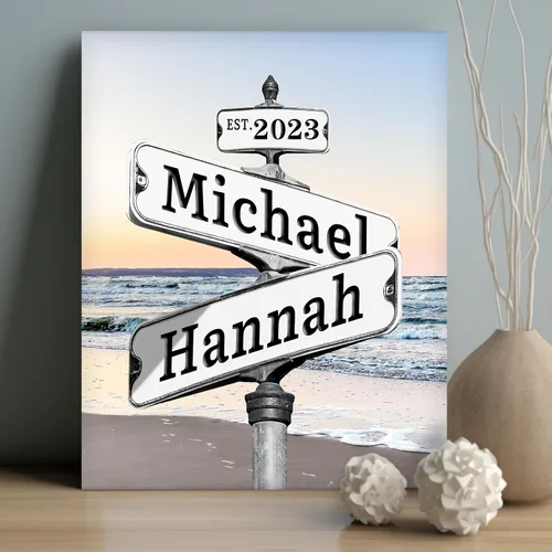 Vista 11 de WNNNS Póster de letrero de calle vintage con nombre personalizado para parejas, novia, novio, impresiones en lienzo personalizadas para enamorados